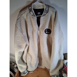 Ecko Unltd Y2K Streetwear Sherpa Jacket Ivory Black Logo 2XL Mark On Sleeve